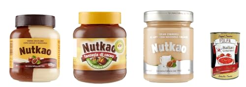 Nutkao Testpaket Crema Bicolore, Bianca and Cacao,Nocciole e Vaniglia,Streichfähige Creme Kakao mit Haselnüssen und Vanille, Glas + Italian Gourmet polpa 400g von Italian Gourmet E.R.