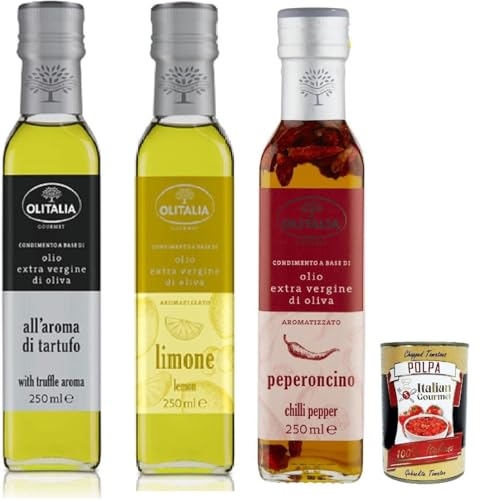 Olitalia Olio Condimento a Base di olio extra vergine di oliva all'aroma test set, Extra Natives Olivenöl geschmack 3x 250ml + Italian Gourmet polpa 400g Olitalia Olio Condimento a Base di olio extra vergine di oliva all'aroma test set, Extra Natives Olivenöl geschmack 3x 250ml + Italian Gourmet polpa 400g von Italian Gourmet E.R.
