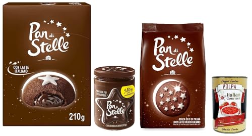 Pan di Stelle testpaket mit schokoladengefülltem Mondkuchen, Kakao- und Haselnusskeksen und Streichcreme mit Keksbröseln+ Italian Gourmet Polpa di Pomodoro 400g von Italian Gourmet E.R.