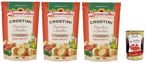 Panealba Crostini Pomodoro e Basilico Croutons mit Tomate und Basilikum Gesalzener Snack Nicht Gebraten Nicht Frittiertes 3x 100g + Italian Gourmet polpa 400g Panealba Crostini Pomodoro e Basilico Croutons mit Tomate und Basilikum Gesalzener Snack Nicht Gebraten Nicht Frittiertes 3x 100g + Italian Gourmet polpa 400g von Italian Gourmet E.R.