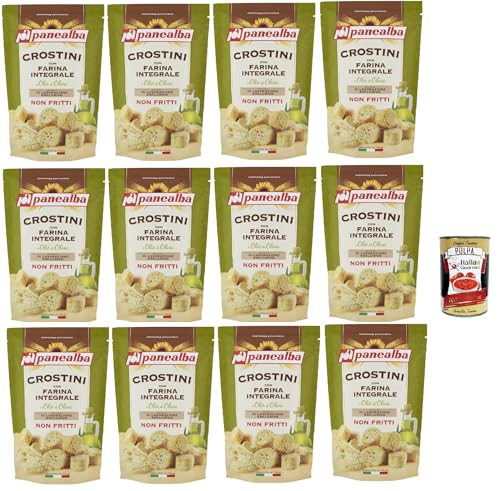 Panealba Crostini con Farina Integrale e Olio di Oliva, Croutons mit Vollmehl und Olivenöl Gesalzener Snack Nicht Gebraten Nicht Frittiertes, 12x 80 g + Italian Gourmet polpa 400g Panealba Crostini con Farina Integrale e Olio di Oliva, Croutons mit Vollmehl und Olivenöl Gesalzener Snack Nicht Gebraten Nicht Frittiertes, 12x 80 g + Italian Gourmet polpa 400g von Italian Gourmet E.R.