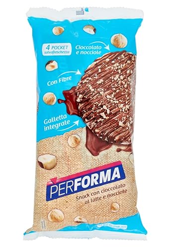 Performa Snacks von Vollkorn Reis mit Milchschokolade und Haselnüssen Vollkorn Reiskuchen im 4er-Pack Frischespartaschen mit je 2 Keksen ( 8 Snacks x 17,75 g ) 142g von Italian Gourmet E.R.