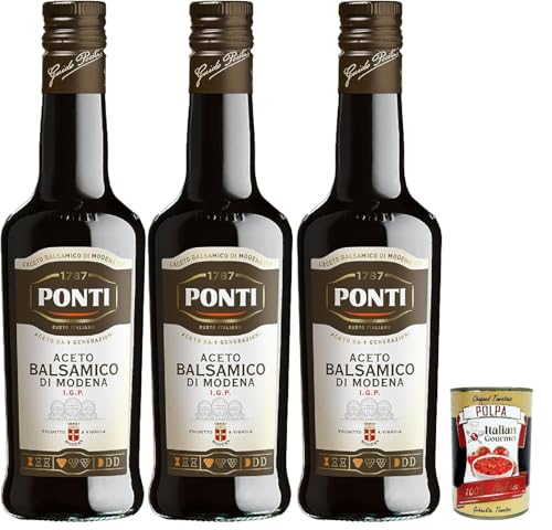 Ponti, Modena I.G.P. Balsamico-Essig, aus Trauben von 7 ausgewählten Rebsorten und edler Weinessig, ideal zum Würzen von rohem und gekochtem rotem Fleisch, 3x 500 ml + Italian Gourmet polpa 400g Ponti, Modena I.G.P. Balsamico-Essig, aus Trauben von 7 ausgewählten Rebsorten und edler Weinessig, ideal zum Würzen von rohem und gekochtem rotem Fleisch, 3x 500 ml + Italian Gourmet polpa 400g von Italian Gourmet E.R.