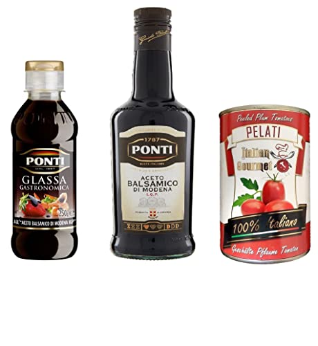 Ponti Aceto Balsamico di Modena g.g.A. 1 x 500 ml + Creme Aceto Balsamico di Modena x 200 ml + 1x Italian Gourmet 100% italienische geschälte Tomaten dosen 400g von Italian Gourmet E.R.