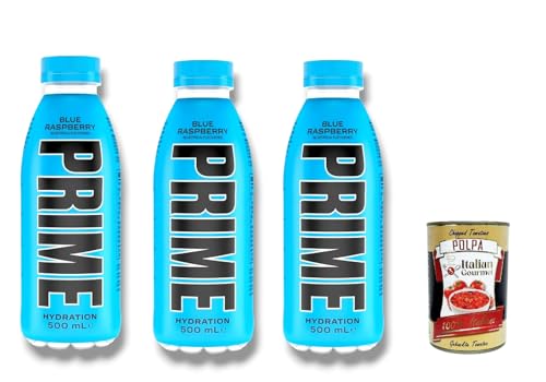 Prime Energy Drink Blue Raspberry Geschmack, 3 Stück, 500ml energy drink Einweg flasche + Italian Gourmet polpa 400g von Italian Gourmet E.R.