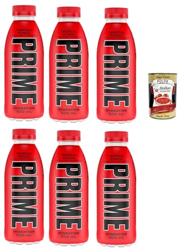 Prime Energy Drink Tropical Punch Geschmack, 6 Stück, 500ml energy drink Einweg flasche + Italian Gourmet polpa 400g von Italian Gourmet E.R.