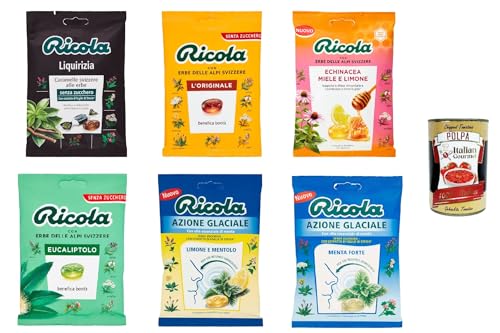 Ricola testpaket, original Schweizer Kräuter-Bonbons mit 13 Schweizer Alpenkräutern, wohltuender Genuss, 6x 70g + Italian Gourmet polpa 400g von Italian Gourmet E.R.