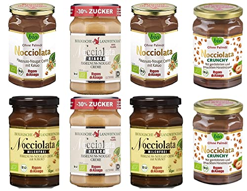 Rigoni di Asiago - 2x Nocciolata, 2x Milchfrei & 2x Bianca 2x Crunchy - 6x 270g + 2x 250g Haselnusscreme Nuss Nougat Creme ohne Palmöl Brotaufstrich + Italian Gourmet Polpa von Italian Gourmet E.R.