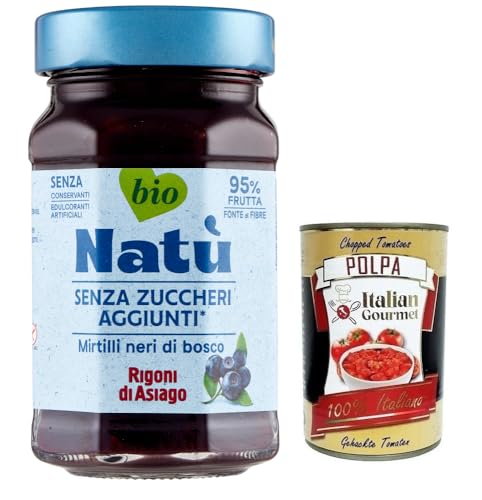 Rigoni di Asiago Natù Mirtilli Neri di Bosco Bio-Blaubeerenzubereitung,Blaubeerenkonfitüre Ohne Zuckerzusatz 240g + Italian Gourmet Polpa di Pomodoro 400g Dose von Italian Gourmet E.R.