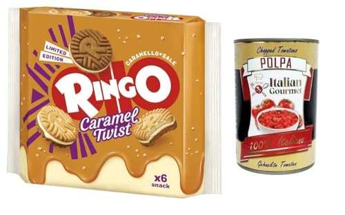 Ringo Caramel Twist Limited Edition Biscotti,Kekse gefüllt mit gesalzener Karamellcreme 165g Packung, jede Packung enthält 6 Einzelportionen + Italian Gourmet Polpa di Pomodoro 400g Dose von Italian Gourmet E.R.
