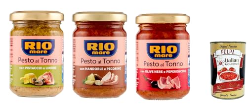 Rio Mare Pesto al Tonno testpaket, Thunfischpesto kochsauce mit Mandeln und Pecorino - mit Pistazien und Zitrone - mit schwarzen Oliven und Chili 3x 130g + Italian Gourmet polpa 400g von Italian Gourmet E.R.