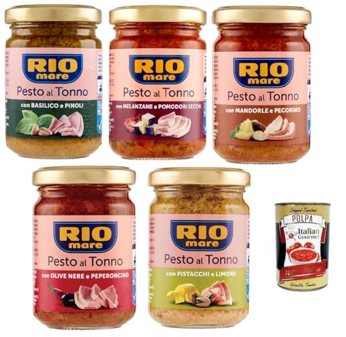 Rio Mare Pesto al Tonno testpaket, Thunfischpesto kochsauce mit Mandeln und Pecorino - mit Pistazien und Zitrone - mit schwarzen Oliven und Chili 5x 130g + Italian Gourmet polpa 400g Rio Mare Pesto al Tonno testpaket, Thunfischpesto kochsauce mit Mandeln und Pecorino - mit Pistazien und Zitrone - mit schwarzen Oliven und Chili 5x 130g + Italian Gourmet polpa 400g von Italian Gourmet E.R.