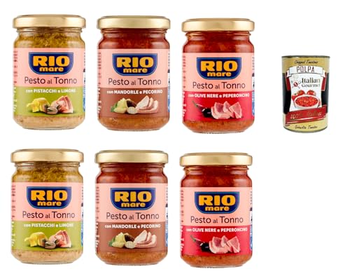 Rio Mare Pesto al Tonno testpaket, Thunfischpesto kochsauce mit Mandeln und Pecorino - mit Pistazien und Zitrone - mit schwarzen Oliven und Chili 6x 130g + Italian Gourmet polpa 400g von Italian Gourmet E.R.