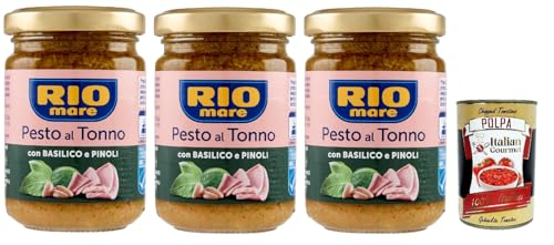 Rio mare Pesto al Tonno con Basilico e Pinoli, Thunfischpesto mit Basilikum und Pinienkernen pasta sauce 3x 130 g + Italian Gourmet polpa 400g Rio mare Pesto al Tonno con Basilico e Pinoli, Thunfischpesto mit Basilikum und Pinienkernen pasta sauce 3x 130 g + Italian Gourmet polpa 400g von Italian Gourmet E.R.