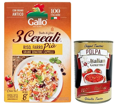 Riso Gallo 3 Cereali Mischung aus Reis, Dinkel und Weizen Senatore Cappelli, 100% Italienischer Reis ideal für Suppen und Risottos 400-g-Packung + Italian Gourmet Polpa di Pomodoro 400g Dose von Italian Gourmet E.R.