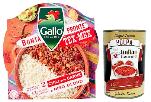 Riso Gallo Bontà Pronte Tex-Mex Chili con Carne,Vorgekochte Zubereitung auf Basis von Parboiled-Reis, Bohnen, Fleisch und Paprika 220g + Italian Gourmet Polpa di Pomodoro 400g Dose von Italian Gourmet E.R.