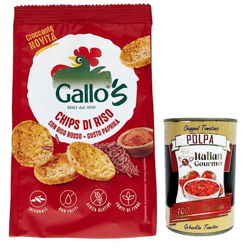Riso Gallo Chips con Riso Rosso,Snack mit Vollkorn Rotem Reis und Paprika Geschmack,40g-Beutel + Italian Gourmet Polpa di Pomodoro 400g Dose von Italian Gourmet E.R.
