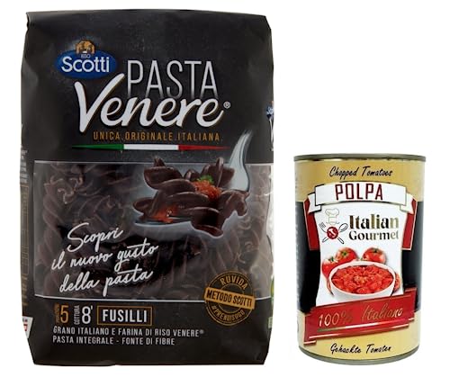 Riso Scotti Pasta Venere Fusilli,Pasta aus Hartweizengrieß und Schwarzem Venere-Vollkornreismehl,Packung mit 400g + Italian Gourmet Polpa di Pomodoro 400g Dose von Italian Gourmet E.R.