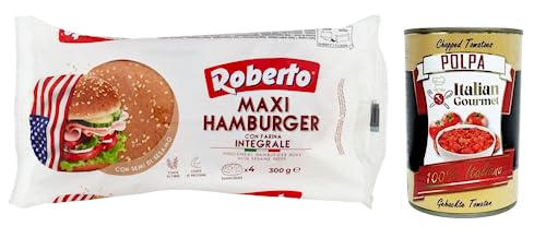 Roberto Maxi Hamburger Integrale Brot mit Vollkornmehl und Sesamkörnern,Packung mit 300g, Jede Packung enthält 4 Hamburger Buns + Italian Gourmet Polpa di Pomodoro 400g Dose von Italian Gourmet E.R.