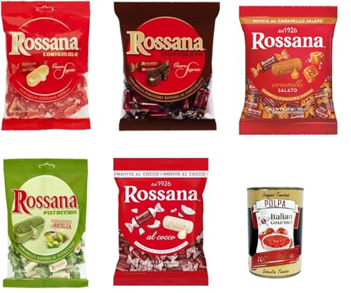 Rossana TESTPAKET, Caramello salato - Cocco - Cioccolato - Original - Pistacchio Candies Bonbon Lollies Hartbonbons mit cremiger Füllung 5 Packungen Süßigkeiten + Italian Gourmet Polpa4 00g Rossana TESTPAKET, Caramello salato - Cocco - Cioccolato - Original - Pistacchio Candies Bonbon Lollies Hartbonbons mit cremiger Füllung 5 Packungen Süßigkeiten + Italian Gourmet Polpa4 00g von Italian Gourmet E.R.