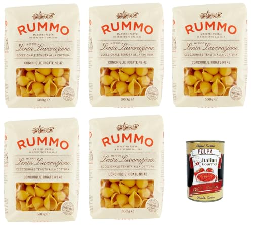 Rummo Conchiglie Rigate N° 42 Pasta Lenta Lavorazione Teigwaren aus Hartweizengrieß Bronze-Zeichnung 5x 500g + Italian Gourmet polpa 400g von Italian Gourmet E.R.