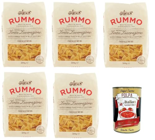 Rummo Farfalle n° 85 Pasta Lenta Lavorazione Teigwaren aus Hartweizengrieß Bronze-Zeichnung 5x 500g + Italian Gourmet polpa 400g von Italian Gourmet E.R.