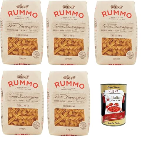 Rummo Fusilli n° 48 Pasta Lenta Lavorazione Teigwaren aus Hartweizengrieß Bronze-Zeichnung 5x 500g + Italian Gourmet polpa 400g von Italian Gourmet E.R.