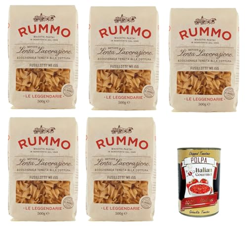 Rummo Fusillotti N°155 Pasta Lenta Lavorazione Teigwaren aus Hartweizengrieß Bronze-Zeichnung 5x 500g + Italian Gourmet polpa 400g von Italian Gourmet E.R.