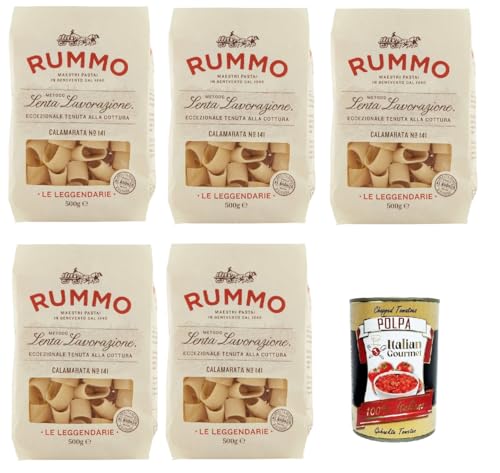 Rummo Le Leggendarie Calamarata № 141 Pasta Lenta Lavorazione Teigwaren aus Hartweizengrieß Bronze-Zeichnung 5x 500g + Italian Gourmet polpa 400g von Italian Gourmet E.R.