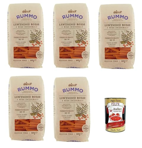 Rummo Lenticchie Rosse e Riso Integrale Pennette rigate N° 70, Rote Linsen und reis pasta, Gluten frei, gluten free 5x 300g + Italian Gourmet polpa 400g von Italian Gourmet E.R.