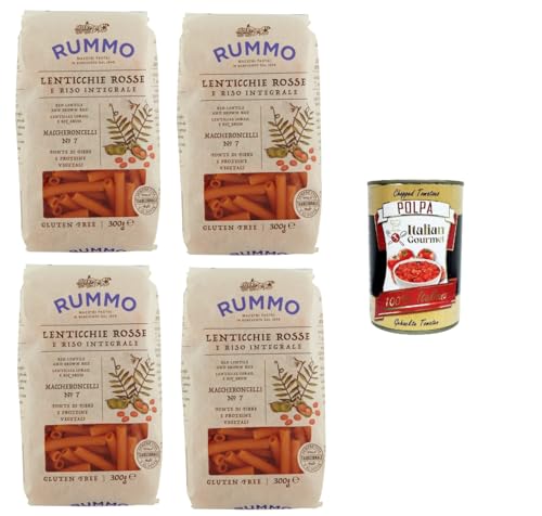 Rummo Maccheroncelli N° 7 Glutenfreie Pasta aus roten Linsen und braunem Reis. 4x 300 g + Italian Gourmet polpa 400g von Italian Gourmet E.R.