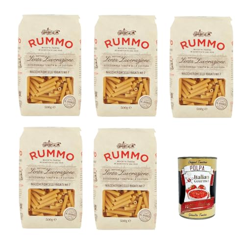 Rummo Maccheroncelli N° 7 Pasta Lenta Lavorazione Teigwaren aus Hartweizengrieß Bronze-Zeichnung 5x 500g + Italian Gourmet polpa 400g von Italian Gourmet E.R.