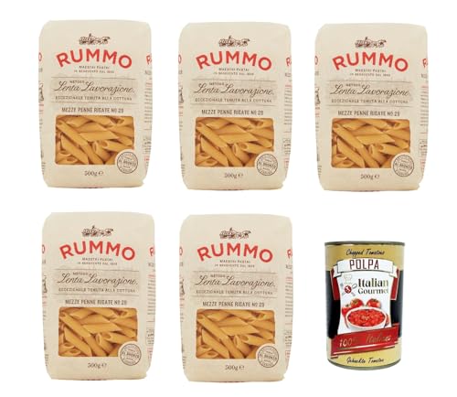 Rummo Mezze penne rigate n° 28 Pasta Lenta Lavorazione Teigwaren aus Hartweizengrieß Bronze-Zeichnung 5x 500g + Italian Gourmet polpa 400g von Italian Gourmet E.R.