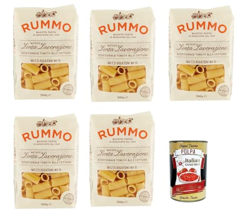 Rummo Mezzi Rigatoni N. 51, Pasta Lenta Lavorazione Teigwaren aus Hartweizengrieß Bronze-Zeichnung 5x 500g + Italian Gourmet polpa 400g von Italian Gourmet E.R.