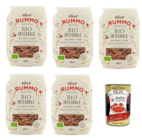 Rummo Pasta Integrale Mezze Penne Rigate N° 28, Vollkornnudeln Nudeln Vollkorn Italienische Pasta 5x 500g + Italian Gourmet polpa 400g von Italian Gourmet E.R.