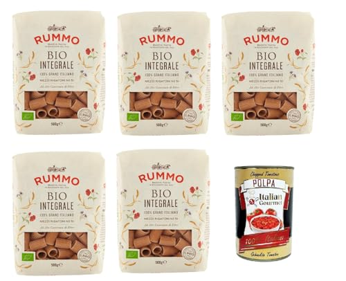 Rummo Pasta Integrale Mezzi Rigatoni N° 51, Vollkornnudeln Nudeln Vollkorn Italienische Pasta 5x 500g + Italian Gourmet polpa 400g von Italian Gourmet E.R.