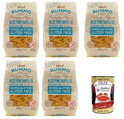 Rummo Pasta Mezze Penne Rigate N° 28 senza Glutine, gluten free, 100% italienische Pasta nudeln glutenfrei 5x 400g + Italian Gourmet polpa 400g von Italian Gourmet E.R.