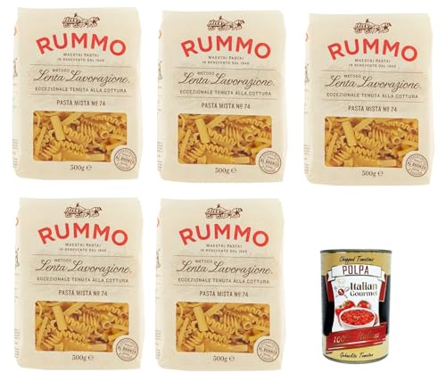 Rummo Pasta Mista n° 74 Pasta Lenta Lavorazione Teigwaren aus Hartweizengrieß Bronze-Zeichnung 5x 500g + Italian Gourmet polpa 400g von Italian Gourmet E.R.