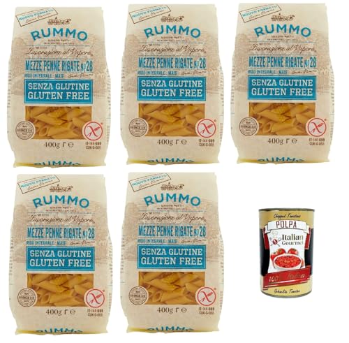 Rummo Pasta Nudeln Glutenfreie Mezze Penne Rigate N° 28, Bronze Gezeichnete gluteinfrei, perfekt für Menschen mit Zöliakie oder Glutenunverträglichkeit, 5x 400 g + Italian Gourmet polpa 400g Rummo Pasta Nudeln Glutenfreie Mezze Penne Rigate N° 28, Bronze Gezeichnete gluteinfrei, perfekt für Menschen mit Zöliakie oder Glutenunverträglichkeit, 5x 400 g + Italian Gourmet polpa 400g von Italian Gourmet E.R.