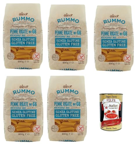 Rummo Pasta Penne Rigate N° 66 senza Glutine, gluten free, 100% italienische Pasta nudeln glutenfrei 5x 400g + Italian Gourmet polpa 400g von Italian Gourmet E.R.