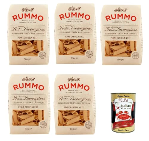 Rummo Penne Candela n° 77 Pasta Lenta Lavorazione Teigwaren aus Hartweizengrieß Bronze-Zeichnung 5x 500g + Italian Gourmet polpa 400g von Italian Gourmet E.R.