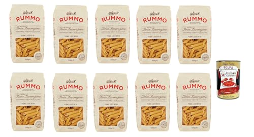 Rummo Penne lisce n° 59 Pasta Lenta Lavorazione Teigwaren aus Hartweizengrieß Bronze-Zeichnung 10x 500g + Italian Gourmet polpa 400g von Italian Gourmet E.R.