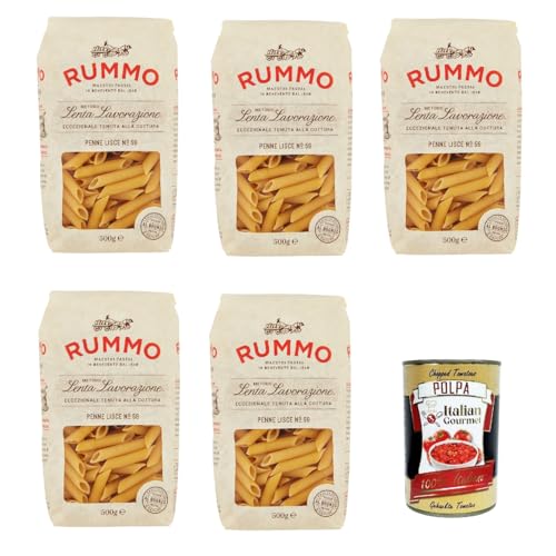 Rummo Penne lisce n° 59 Pasta Lenta Lavorazione Teigwaren aus Hartweizengrieß Bronze-Zeichnung 5x 500g + Italian Gourmet polpa 400g von Italian Gourmet E.R.