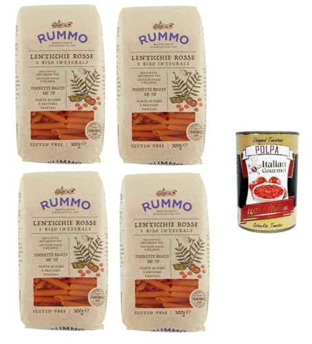 Rummo Pennette Rigate N°70 Glutenfreie Pasta mit Linsen und braunem Reis 4x 300gr + Italian Gourmet polpa 400g von Italian Gourmet E.R.