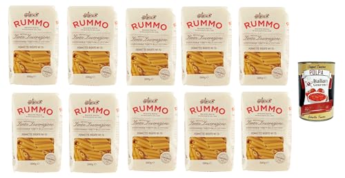 Rummo Pennette Rigate N° 70 Pasta Lenta Lavorazione Teigwaren aus Hartweizengrieß Bronze-Zeichnung 10x 500g + Italian Gourmet polpa 400g von Italian Gourmet E.R.