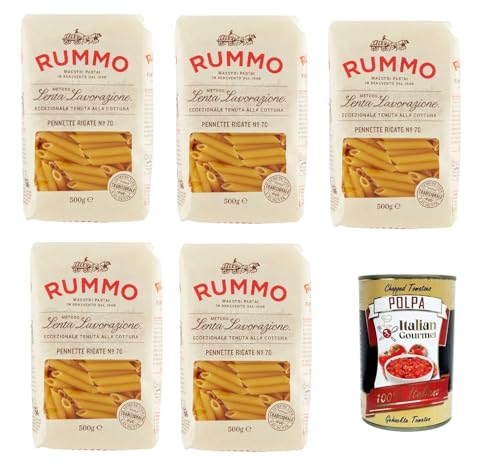 Rummo Pennette Rigate N° 70 Pasta Lenta Lavorazione Teigwaren aus Hartweizengrieß Bronze-Zeichnung 5x 500g + Italian Gourmet polpa 400g von Italian Gourmet E.R.