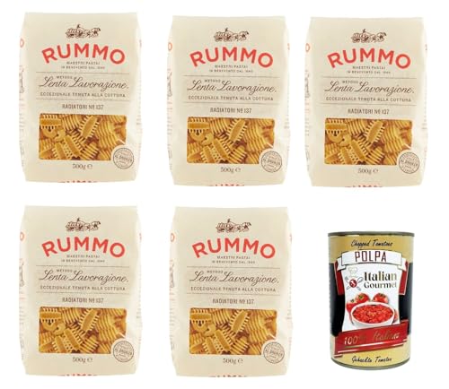 Rummo Radiatori N° 137 Pasta Lenta Lavorazione Teigwaren aus Hartweizengrieß Bronze-Zeichnung 5x 500g + Italian Gourmet polpa 400g von Italian Gourmet E.R.