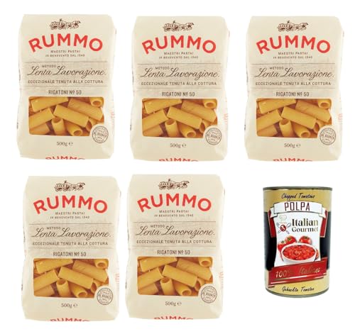 Rummo Rigatoni n° 50 Pasta Lenta Lavorazione Teigwaren aus Hartweizengrieß Bronze-Zeichnung 5x 500g + Italian Gourmet polpa 400g von Italian Gourmet E.R.