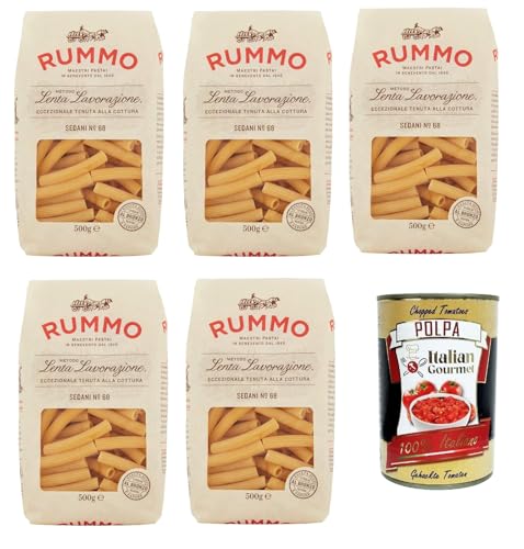 Rummo Sedani n° 68 Pasta Lenta Lavorazione Teigwaren aus Hartweizengrieß Bronze-Zeichnung 5x 500g + Italian Gourmet polpa 400g von Italian Gourmet E.R.