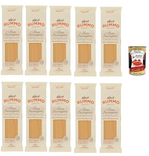 Rummo Spaghettoni grossi n° 220 Pasta Lenta Lavorazione Teigwaren aus Hartweizengrieß Bronze-Zeichnung 10x 500g + Italian Gourmet polpa 400g von Italian Gourmet E.R.